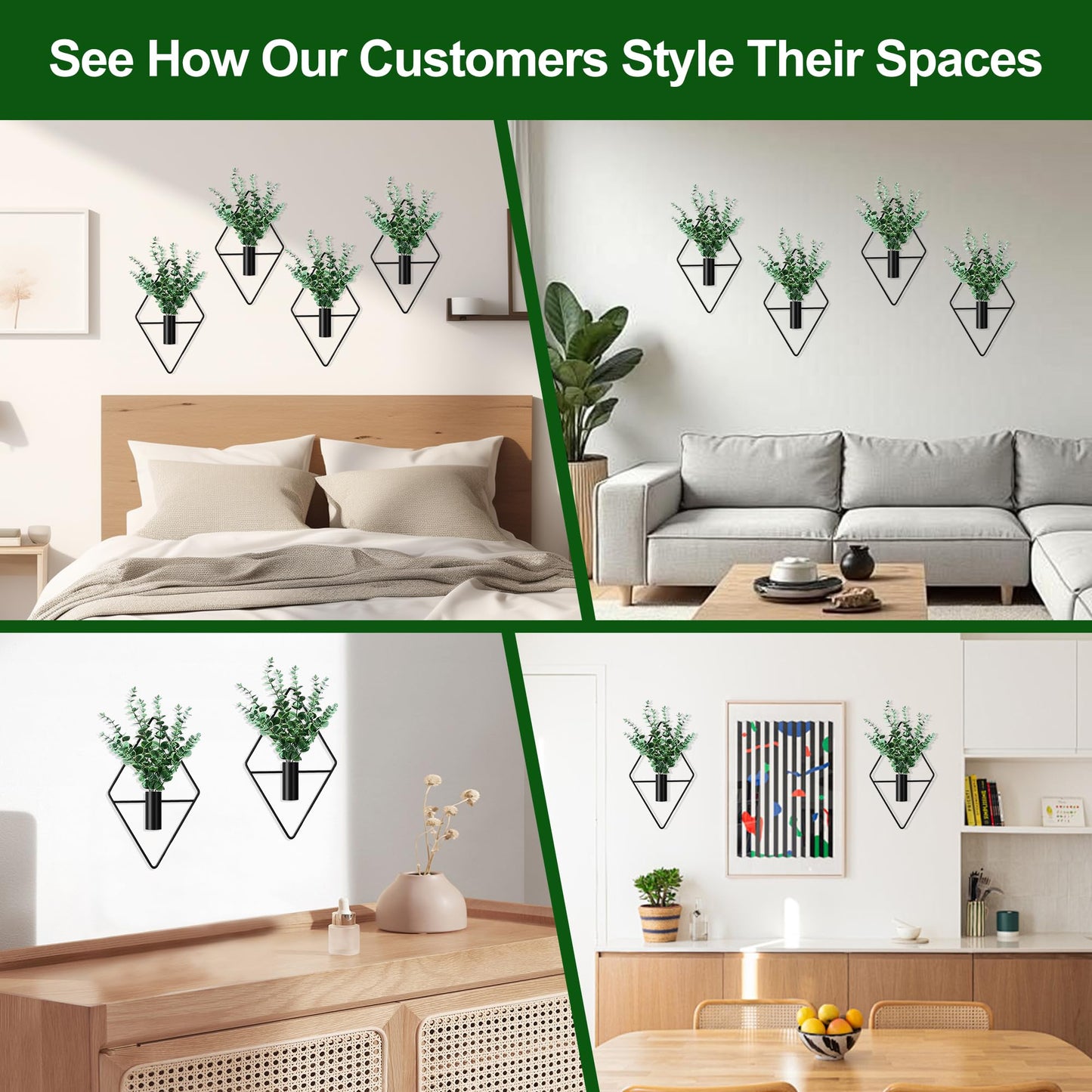 LZRHORR 2 Pack Black Wall Decor Hanging Planters with Artificial Plants Metal Hanging Vase Indoor Plants Holder Modern Boho Wall Art for Bathroom Bedroom Living Room Office (Black, Eucalyptus)