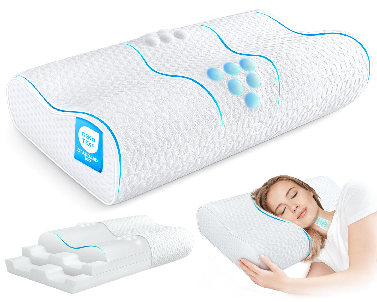 zibroges Cervical Neck Pillow for Pain Relief- Queen Size Adjustable Cooling Pillow for Sleeping, Memory Foam Pillows for Neck Shoulder, Ergonomic Contour Bed Pillow for Side, Stomach & Back Sleepers