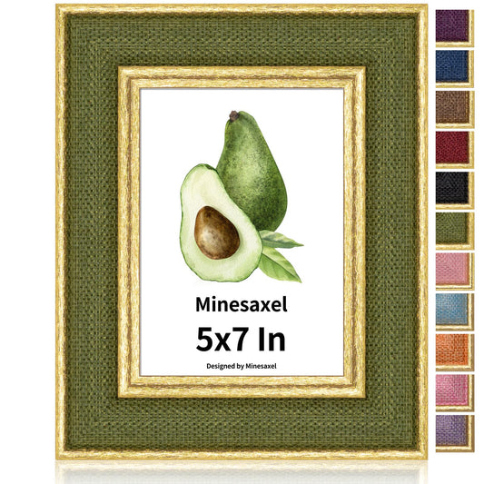 Minesaxel 5x7 Picture Frame - Green Fabric & Vintage Gold Border HD Real Glass with Easel for Tabletop/Wall (Family Photos, Cabin Decor 1 Pack)