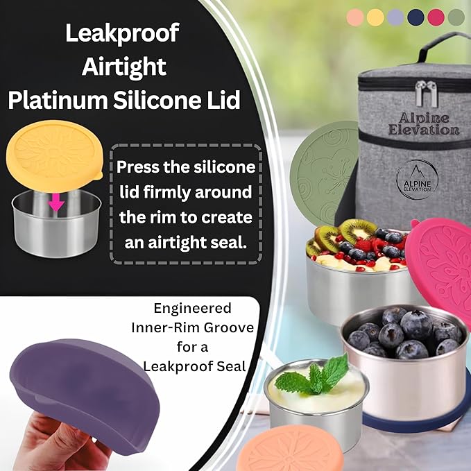 Alpine Elevation 12 Pcs - 6 Stainless Steel Containers + 6 Silicone Lids | 304 Stainless Steel Snack Container | Nesting Snack and Dip Containers | Metal Food Storage