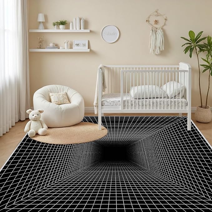 Optical Illusion Rug - Washable Rugs 6x8, Abstract Geometric Lines Soft Neutral Indoor Floor Mats Plaid Carpet, Non-Slip Stain Resistant Modern Black Rug for Bedroom, Living Room Rugs