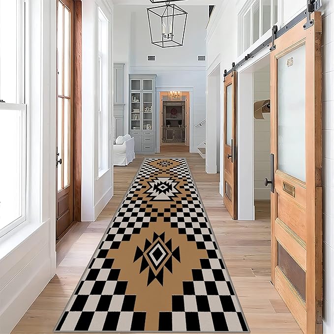Western Aztec Long Hallway Rug Runners, 2.6x10ft, Modern Brown Diamond Check Area Carpet for Living Room, Easy Clean Fade Resistant Durable Foldable Pet Friendly Rugs for Front Door
