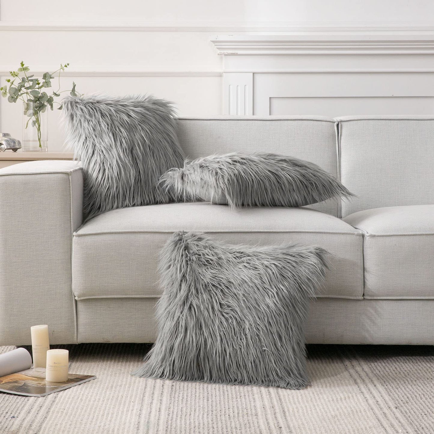 Phantoscope Pack of 2 Faux Fur Solid Throw Decorative Pillow Cover Cushion Covers Luxury Soft Decorative Pillowcase Fuzzy Pillow Covers for Bed/Couch,Gray 18 x 18 Inches