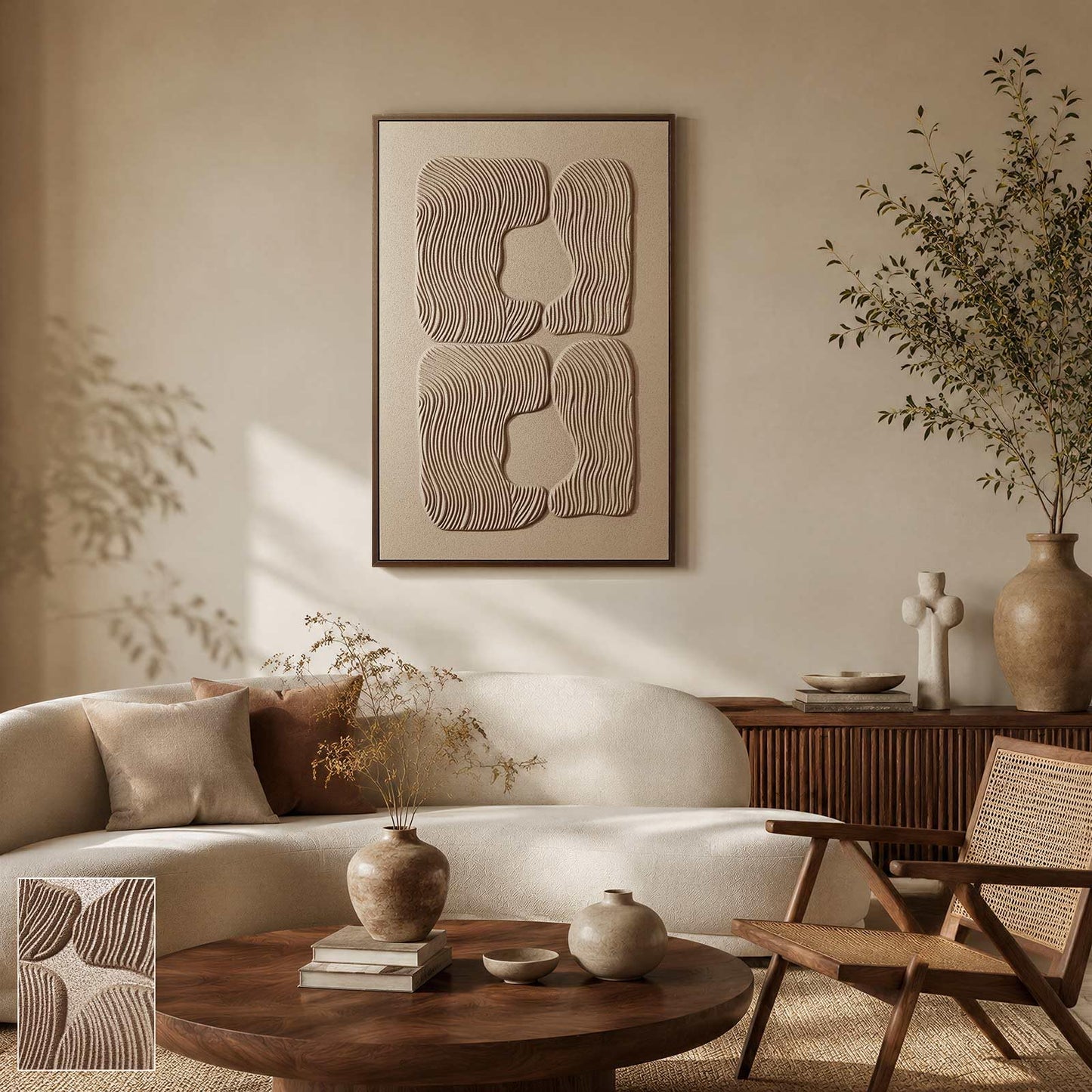 3D Textured Wall Art for Living Room, 1 Piece Wabi Sabi Abstract Sandstone Relief Artwork with Solid Catalpa Wood Frame, Minimalist Abstract Pictures for Hallway Entryway, Warm Oatmeal Beige, 24x36 In