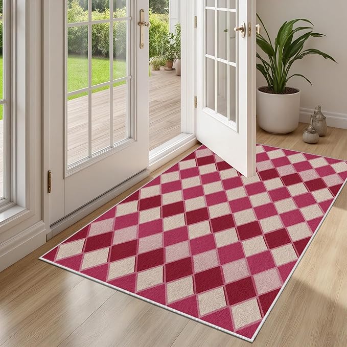 Plaid Rug, Soft Ultra Soft Faux Wool Rhombus Geometric Rugs, Indoor Floor Mats Carpet, Non Slip&Non-Shedding Low Pile Washable Rugs, Modern Red 5x8 Area Rug for Bedroom Home Decor