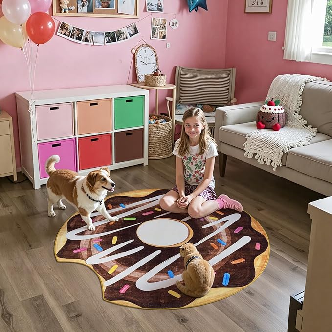 jinchan Cute Round Rug 3ft Chocolate Donut Fun Rug Washable Playroom Mat Sweet Dessert Circle Cool Rug Non Slip 3' Round Soft Cozy Doormat Small Funky Gift for Kids Toddler Nursery Teens Dorm Bedroom