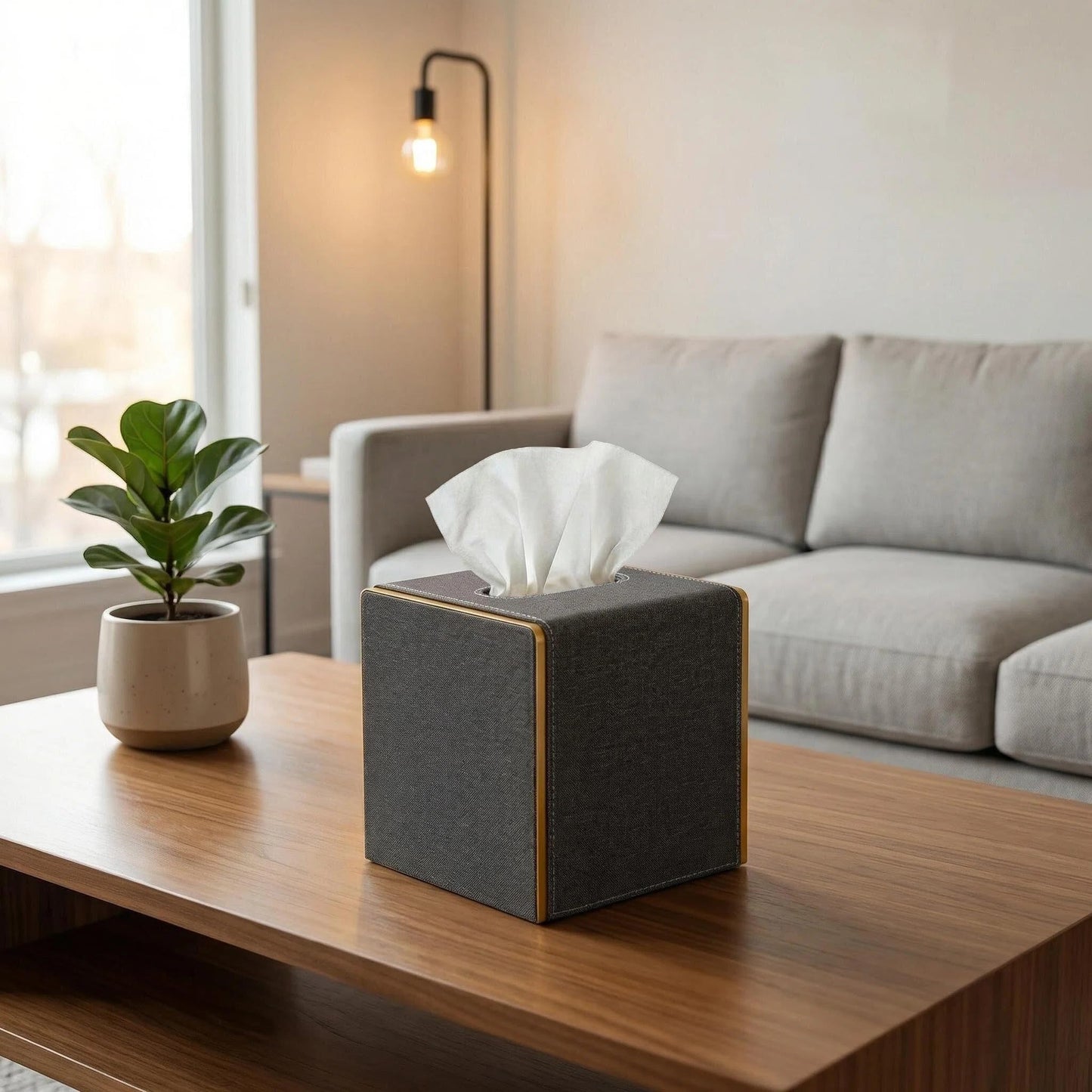 Xonusin PU Leather Square Tissue Box Cover, Linen Tissue Box Holder with Magnetic Closure, Decorative Modern Cube Tissue Box for Bathroom Vanity Countertop Bedroom Office Desk (Gray)