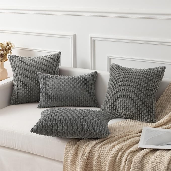 Kevin Textile Corduroy Striped Soft Soild Decorative Square Throw Pillow Covers Set Cushion Cases Pillowcases for Sofa Bedroom 2 Pcs 24x24 Inch Dark Grey