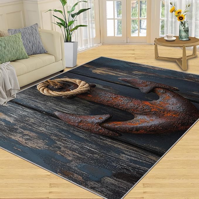 Nautical Anchor 5x6 Area Rugs,Distressed Wood Bedroom Rug Nautical Style Non-Slip Washable Rug for Living Room Nursery Kitchen Low-Pile Carpet
