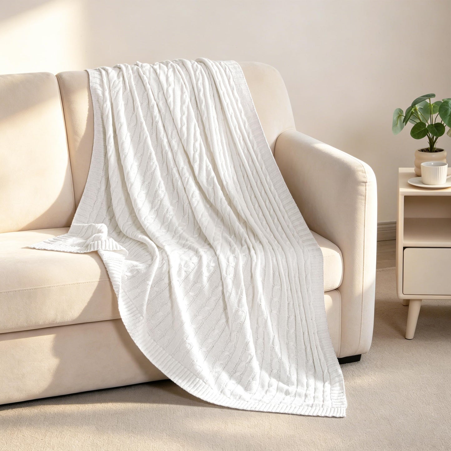 NTBAY 100% Pure Cotton Cable Knit Throw Blanket, Super Soft Warm 51x67 Knitted Throw Blanket for Couch, Sofa, Chair, Bed - Extra Cozy, Machine Washable, Comfortable Home Decor, White