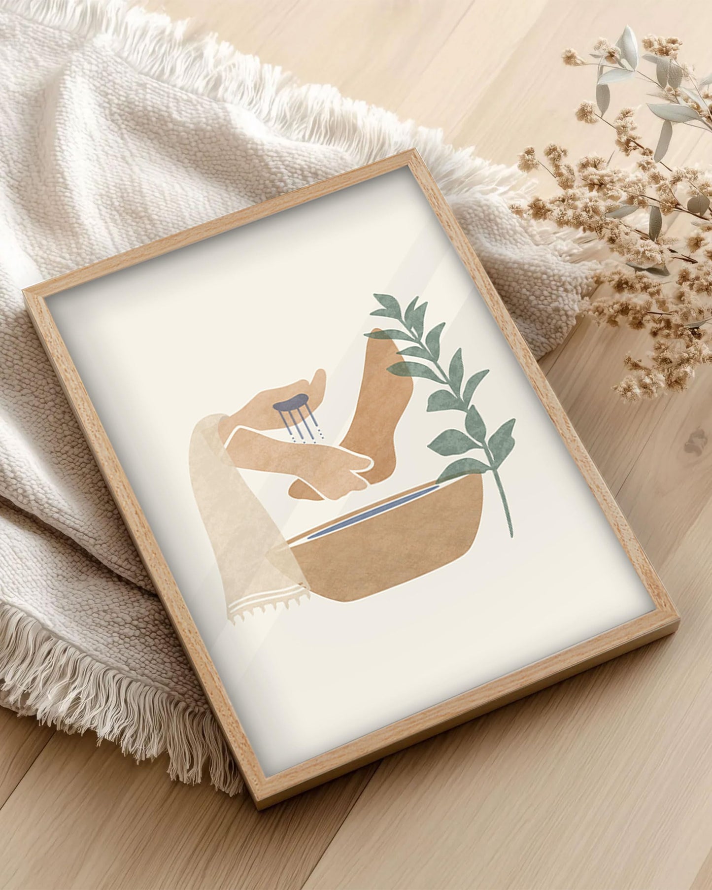 KensTro Natural OAK Wood Beige Boho Christian Framed Wall Art, 16x20 in Mid Century Modern Washing Feet Canvas Wall Art,Minimalist Religious Jesus Christ for Living Room Bedroom Decor Set of 1