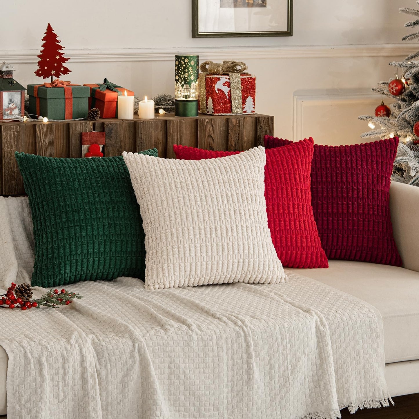 MIULEE Pack of 4 Christmas Boho Farmhouse Red and Green Corduroy Decorative Throw Pillow Covers 18x18 Inch Retro Soft Striped Pillow Covers Home Decor for Sofa Living Room Couch Bed