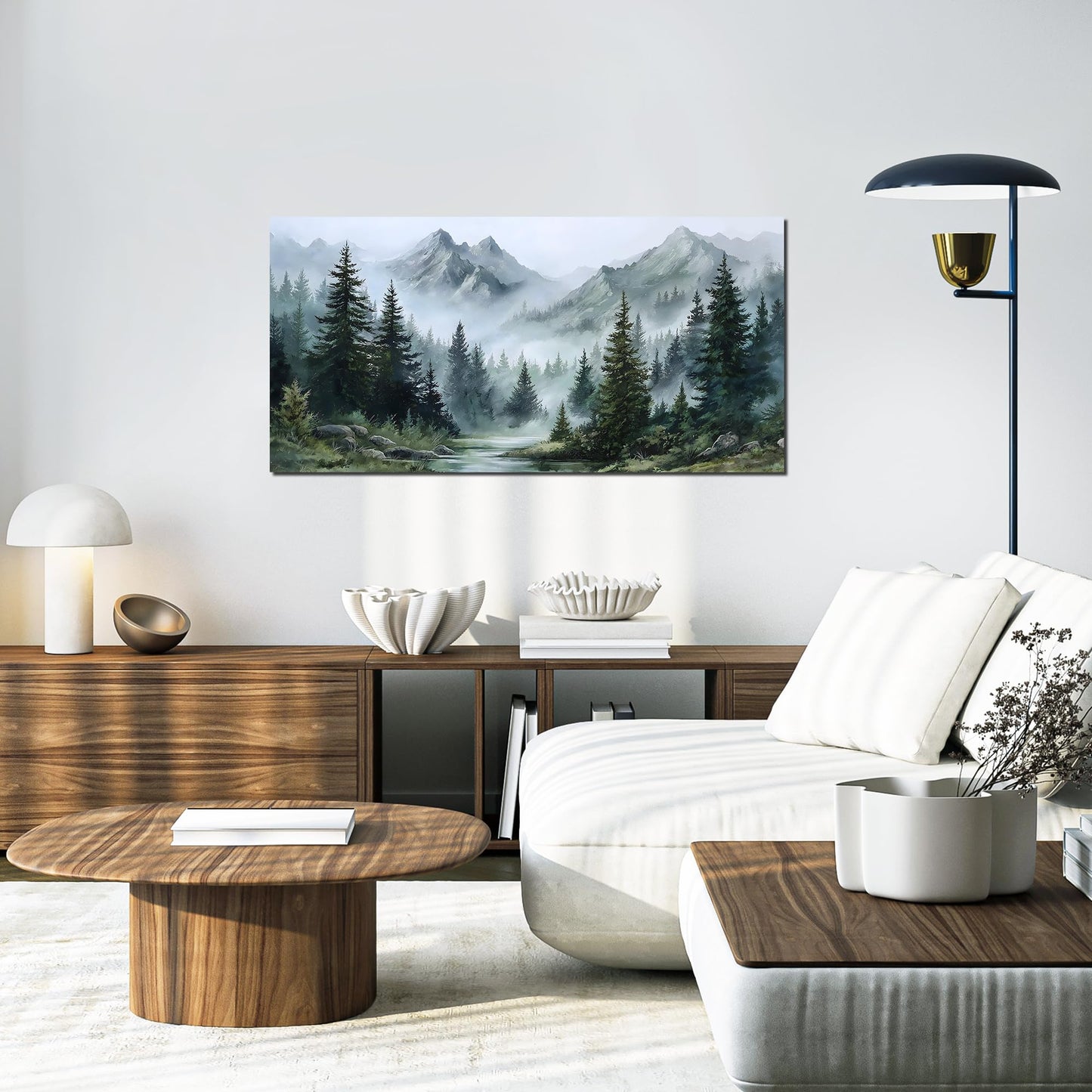 Tarfupth Large Misty Forest Wall Art for Living Room Green Nature Mountain Landscape Canvas Artwork with Trees and River Nature Art for Bedroom Office Home Decor 20x40 Inch