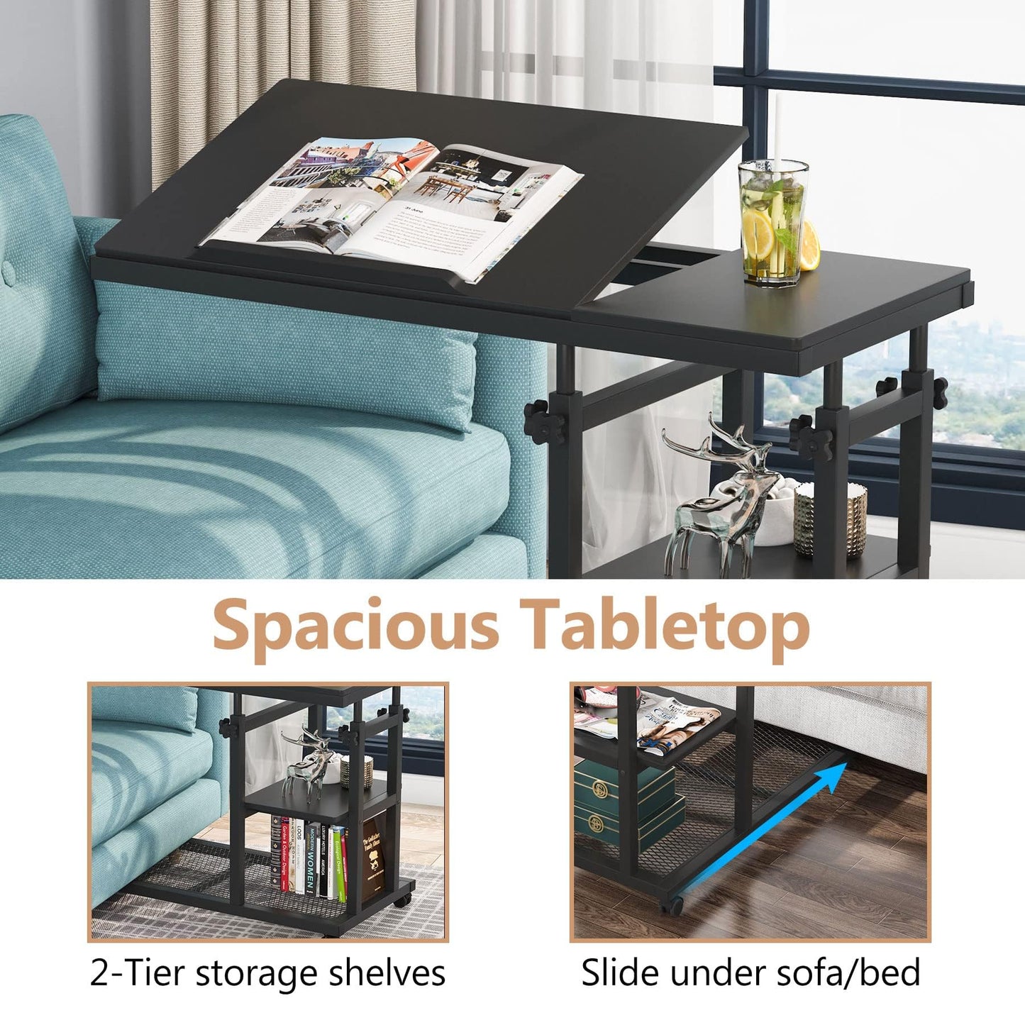 Tribesigns Height Adjustable C Table with Wheels, Mobile Couch Snack Side Table with Tiltable Drawing Board, Sofa Bedside Laptop Stand C Shaped TV Tray with Storage Shelves (Black)