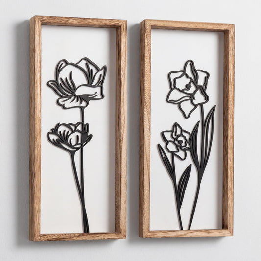 3D Black and White Wall Art (Set of 2) Lightweight, Wooden Ready-to-Hang Framed Floral Wall Art for Bathroom, Bedroom, Living Room or Office – Boho Botanical Farmhouse Decor – Gift-Boxed