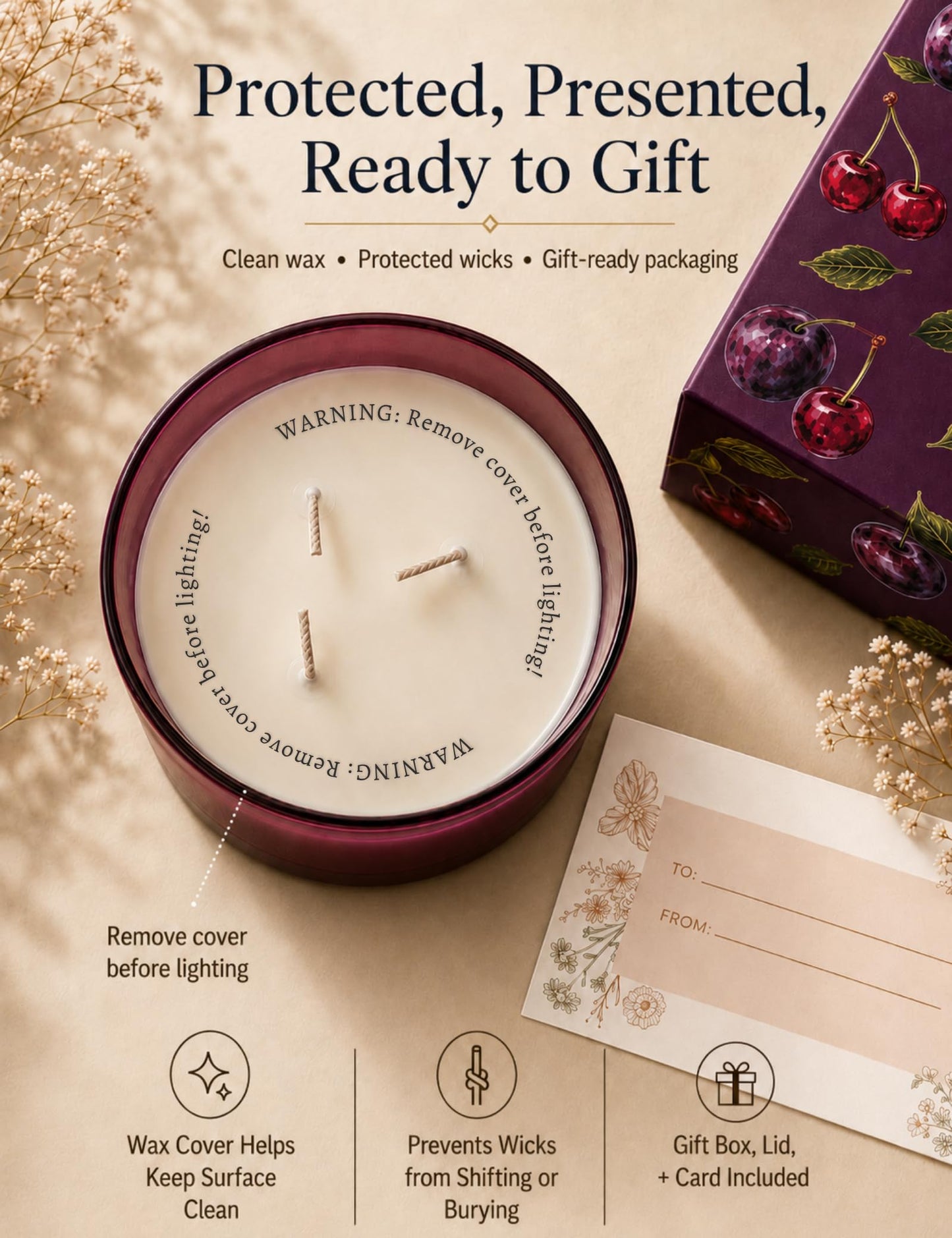 Dark Cherry Black Plum 3-Wick Soy Candle, 15.8 oz Scented Candle for Home