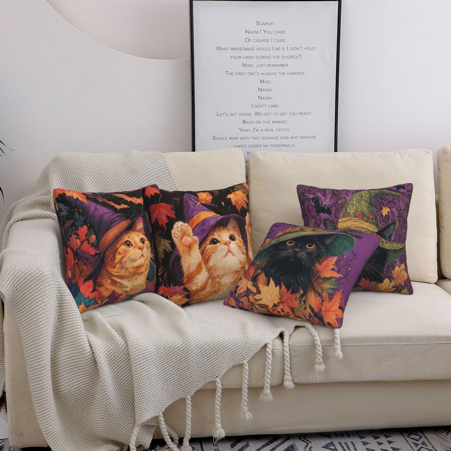 Worltoldb Throw Pillow Covers Set of 4 Decorative Soft Linen Fabric Square Cushion Case for Room Bedroom Sofa Car 18x18 (Halloween Cat, 18 * 18)