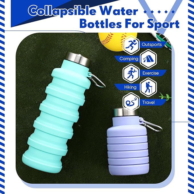 Baderke 2 Pcs Collapsible Water Bottles 17oz Silicone Travel Foldable Portable Water Bottle with Buckle Silicone Lightweight Reusable Leakproof for Camping Hiking Cycling Sport(Green, Purple)