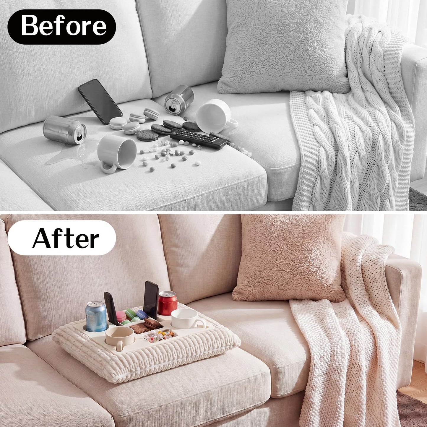 Yerliker Couch Cup Holder Tray, Foam Sofa Bed Caddy Pillow for Drink Snack Phone Remote, Silicone Lining Waterproof Anti-Spill Couch Tray for Car Seat Bed Movie Night Supplies(White)