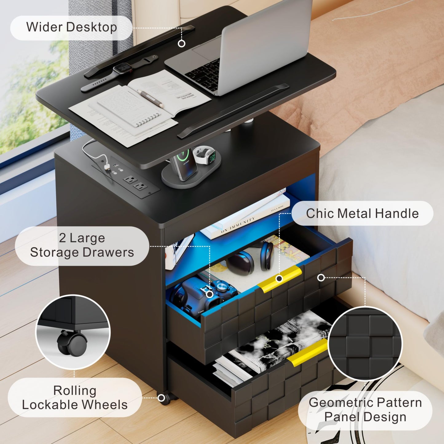 Lareth Height Adjustable Nightstand with Charging Station, LED Bedside Table 2 Drawers, Smart Wooden End Table Dorm Rolling Side Table Laptop Workstaion with Wheels for Bedroom, Black