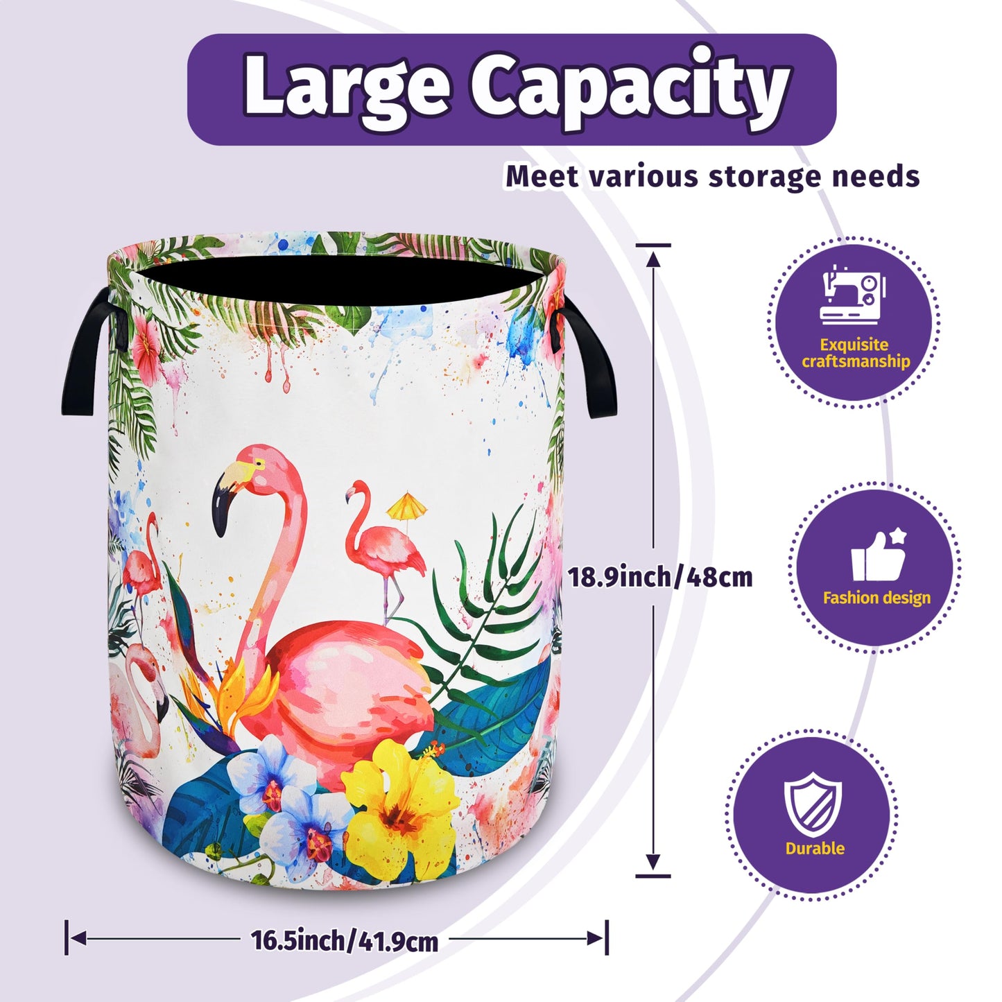 Pink Flamingo Laundry Basket Tropical Leaves Flower Oxford Cloth With Handles Foldable And Portable Colorful Laundry Hamper For Laundry Room/Bedroom/Living Room/Children'S Room (18.9 X 16.5 In)