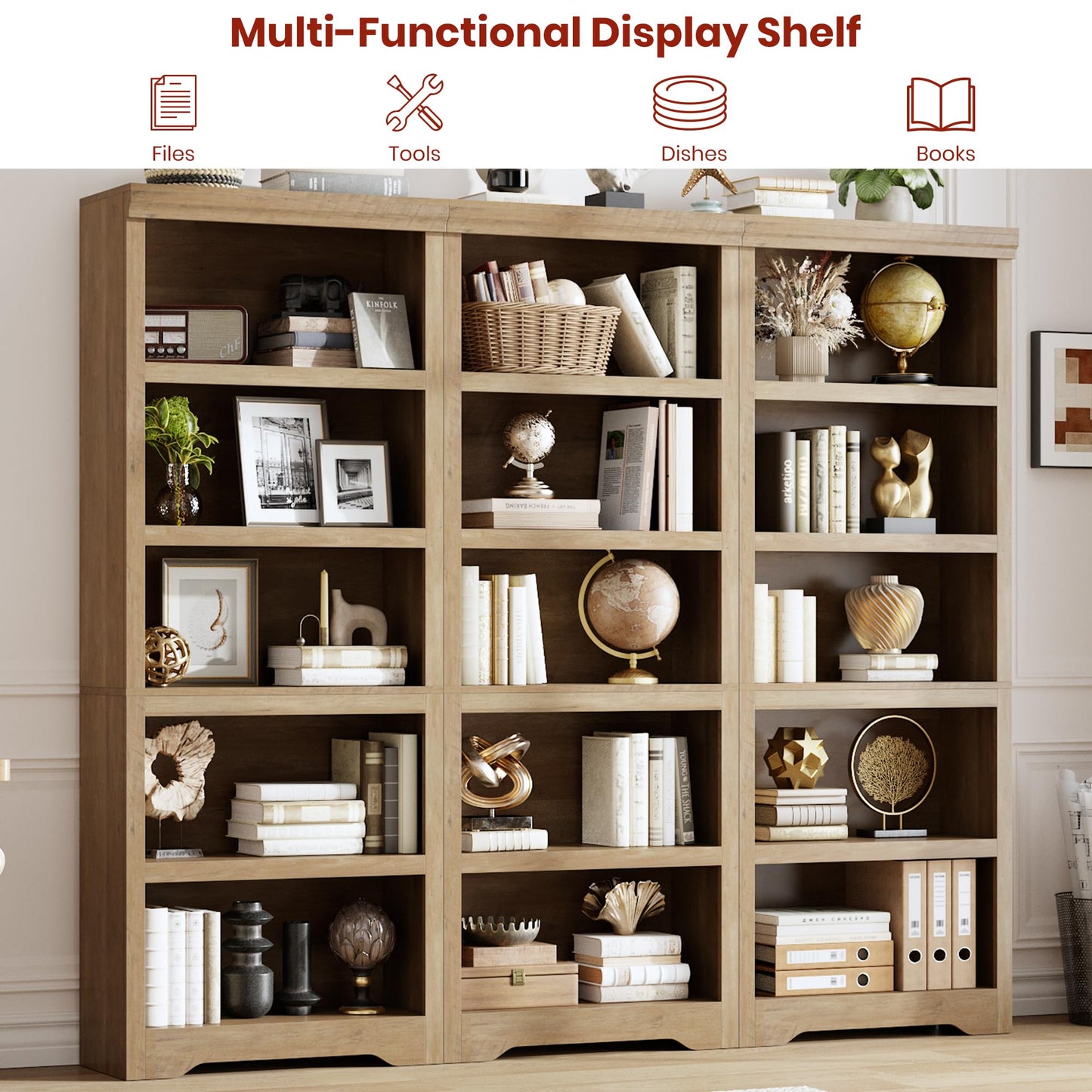 5 Tier Bookshelf, 69" Tall Farmhouse Bookcase - with Adjustable Shelves, Floor Standing Open Display Storage Rack with Anti-Slip Design for Home Office, Balcony, Library, Study / Living Room, Brown