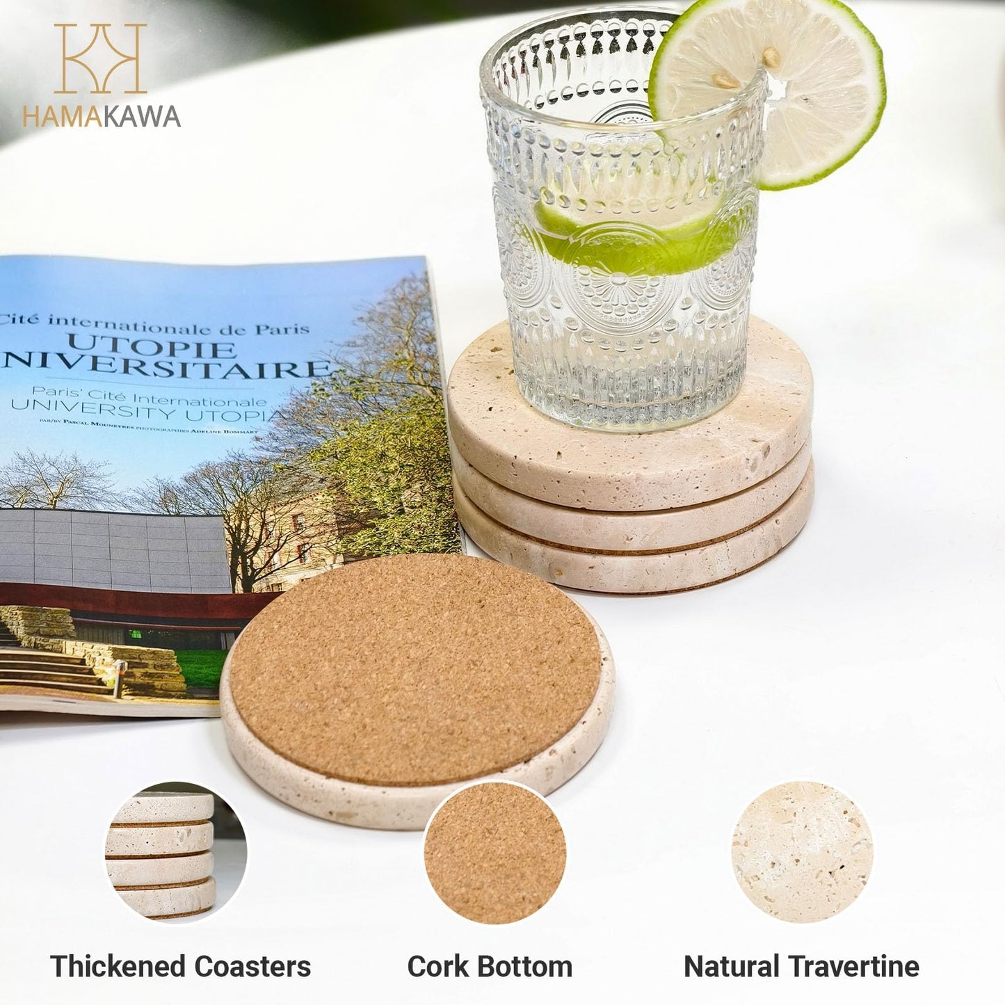 HAMAKAWA Turkish Natural Marble Coasters Set of 4, Round Travertine Coasters 4 inch, Beige Stone Drink Coaster for Home Decor, Coffee Table, Office