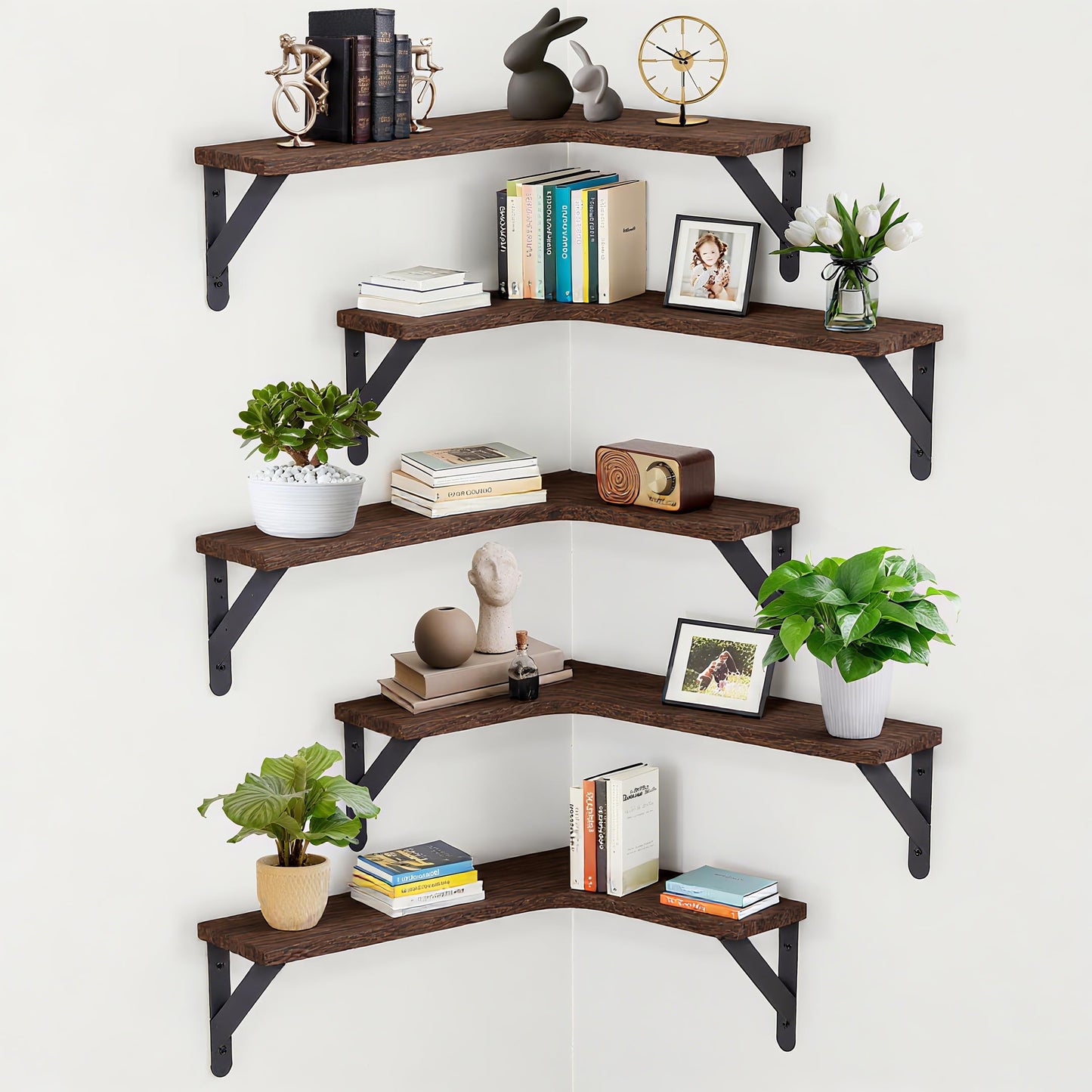 RAIHOMKIT Corner Floating Shelves Set of 5, Rustic Wood Shelves for Home Decor, Wall Mounted Storage Corner Shelf for Bedroom Kitchen Living Room Bathroom Office, Dark Brown