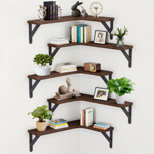 COCPOK Corner Floating Shelves Set of 5, Wall Mounted Wood Shelves for Home Decor, Rustic Wood Wall Storage Corner Shelf for Kitchen Bedroom Bathroom Living Room Office, Dark Brown