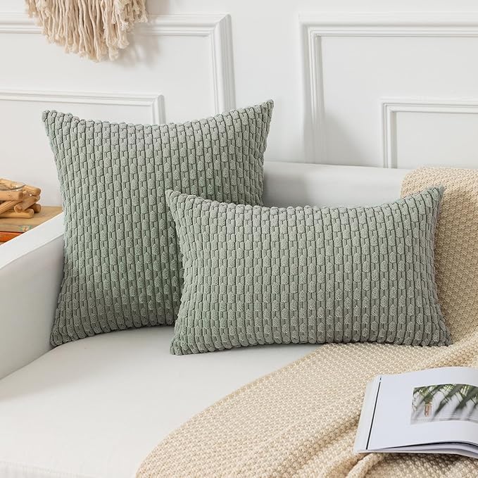 Kevin Textile Throw Pillow Covers Soft Corduroy Decorative Set of 2 Boho Striped Pillow Covers Pillowcases Farmhouse Home Decor for Couch Bed Sofa Living Room 26x26 Inch Greyish Green