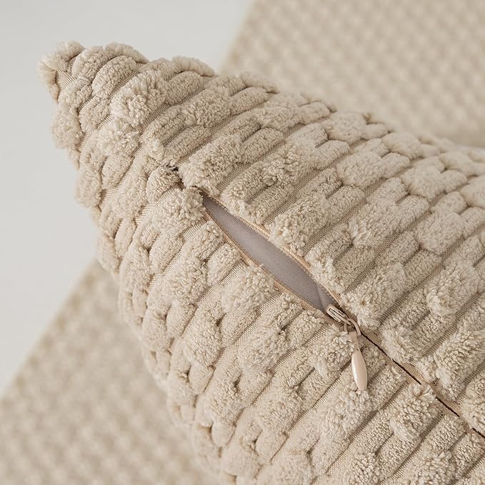 Kevin Textile Throw Pillow Covers Soft Corduroy Decorative Set of 2 Boho Striped Pillow Covers Pillowcases Farmhouse Home Decor for Couch Bed Sofa Living Room 24x24 Inch Beige