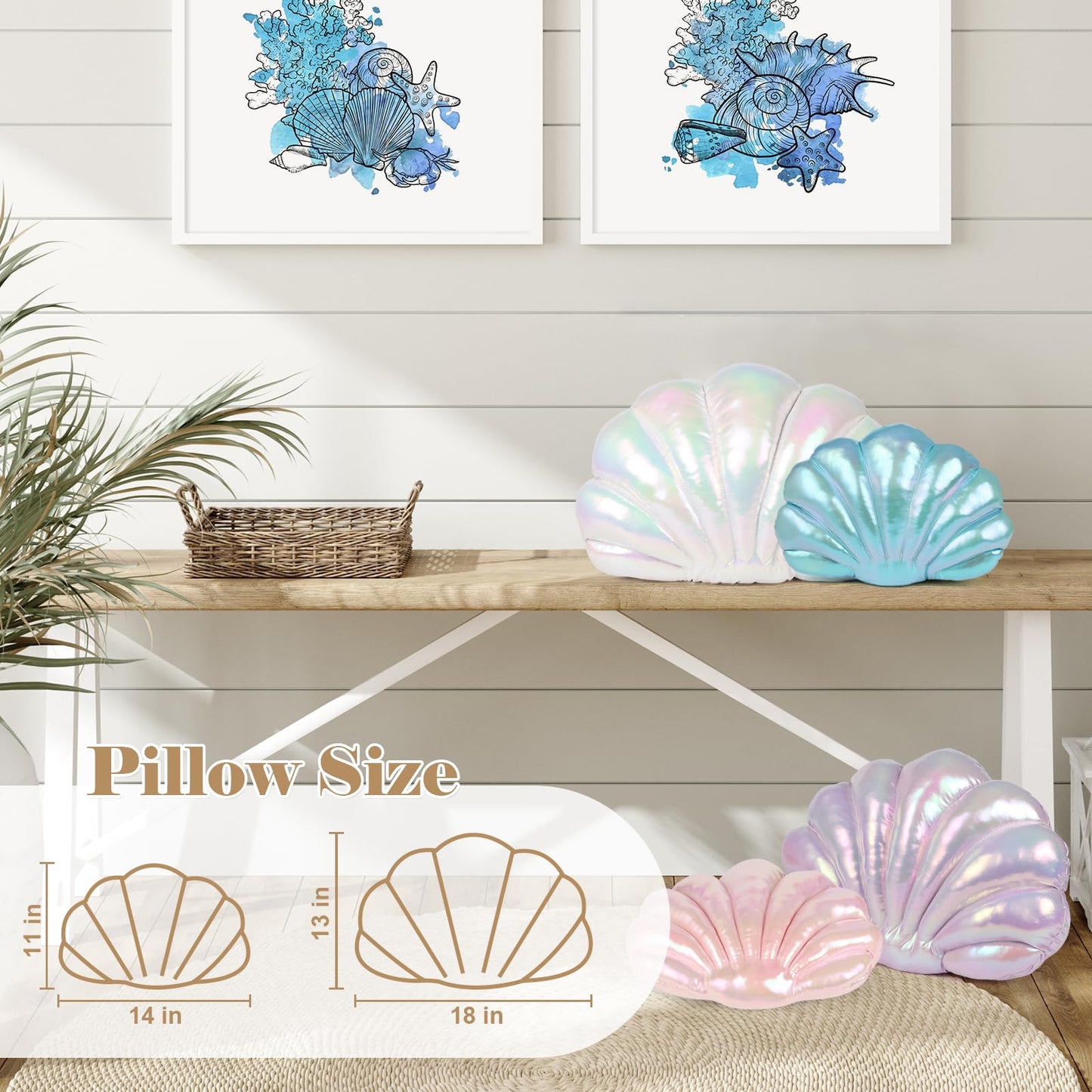 Marble Empire Seashell Pillow - Holographic Iridescent Foil Fabric Throw Pillow for Couch, Coastal Beach Theme Decor, Ocean Themed Bedroom Living Room Accent Pillow（Pink,14×11''）