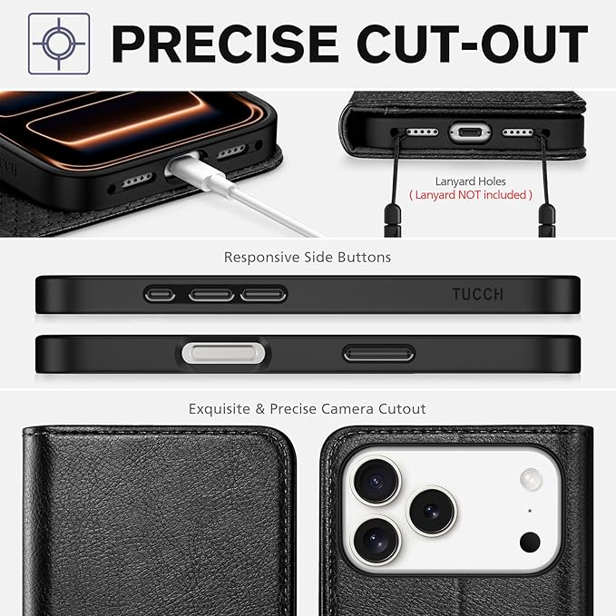 TUCCH Case Wallet for iPhone 17 Pro Max (6.9") 2025, RFID Blocking, 3 Card Holders, Kickstand, PU Leather, Protective Flip Folio Cover, TPU Shockproof Interior Shell, Textured Black