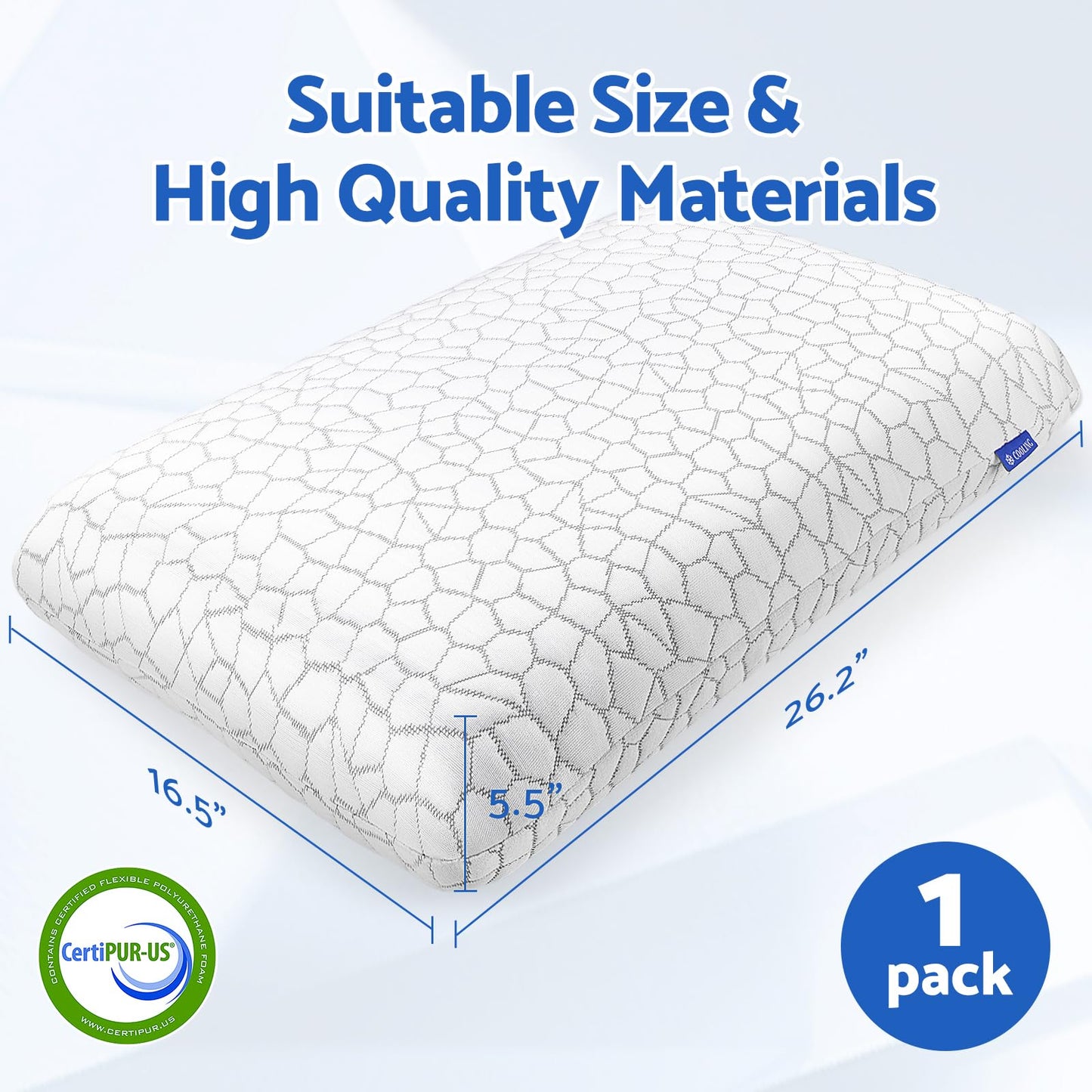 CushZone Memory Foam Pillows for Sleeping, Bed Pillow with Removable and Machine Washable Cover, Bed Pillow for Side, Neck Pillow, Back and Stomach Sleepers, Standard Size (1 Pack)