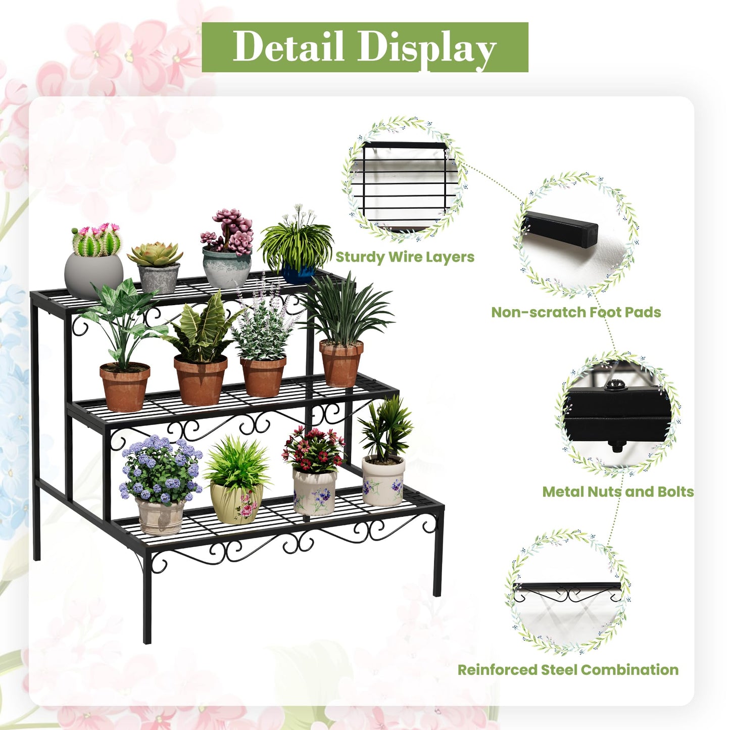 SIMHOMSTOR Plant Pot Stand Shelf, 3 Tier Flower Ladder Display Rack, Metal Succulent Plants Storage Holder for Outdoor and Indoor, Black