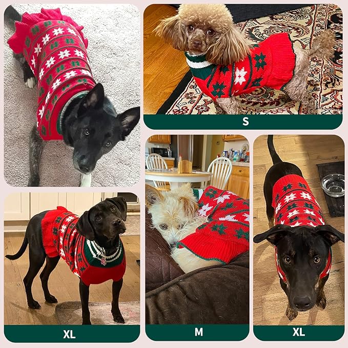KYEESE Dog Christmas Sweater Pullover Dog Sweater for Small Dogs Warm Dogs Coats Pet Clothes Pet Sweater Dress with Snowflake Pattern Turtleneck Knit Pet Sweater for Girl with Leash Hole, Red, Large