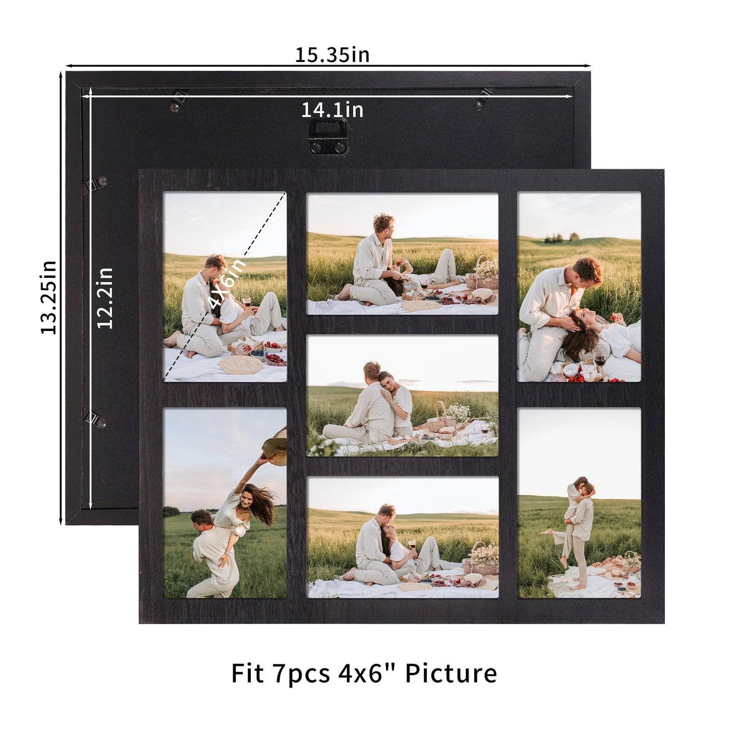 YESKAY 4x6 Picture Frame Collage for Wall Decor, Multiple Photo Collage Frames with Tempered Glass, 7-Opening for 4 x 6 Picture Frames, Rustic Black, 1 Pack