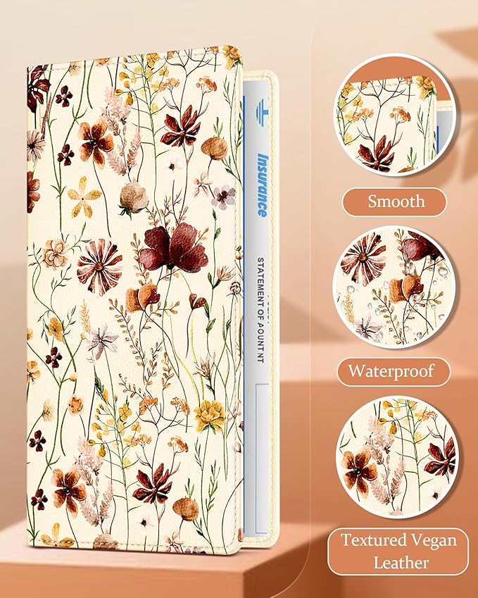 Slohif Car Registration and Insurance Card Holder with Magnetic Shut - Vehicle Glove Box Organizer Women Leather Automobile License Holders Coasters Auto Accessories Case for Document,Vintage Flower