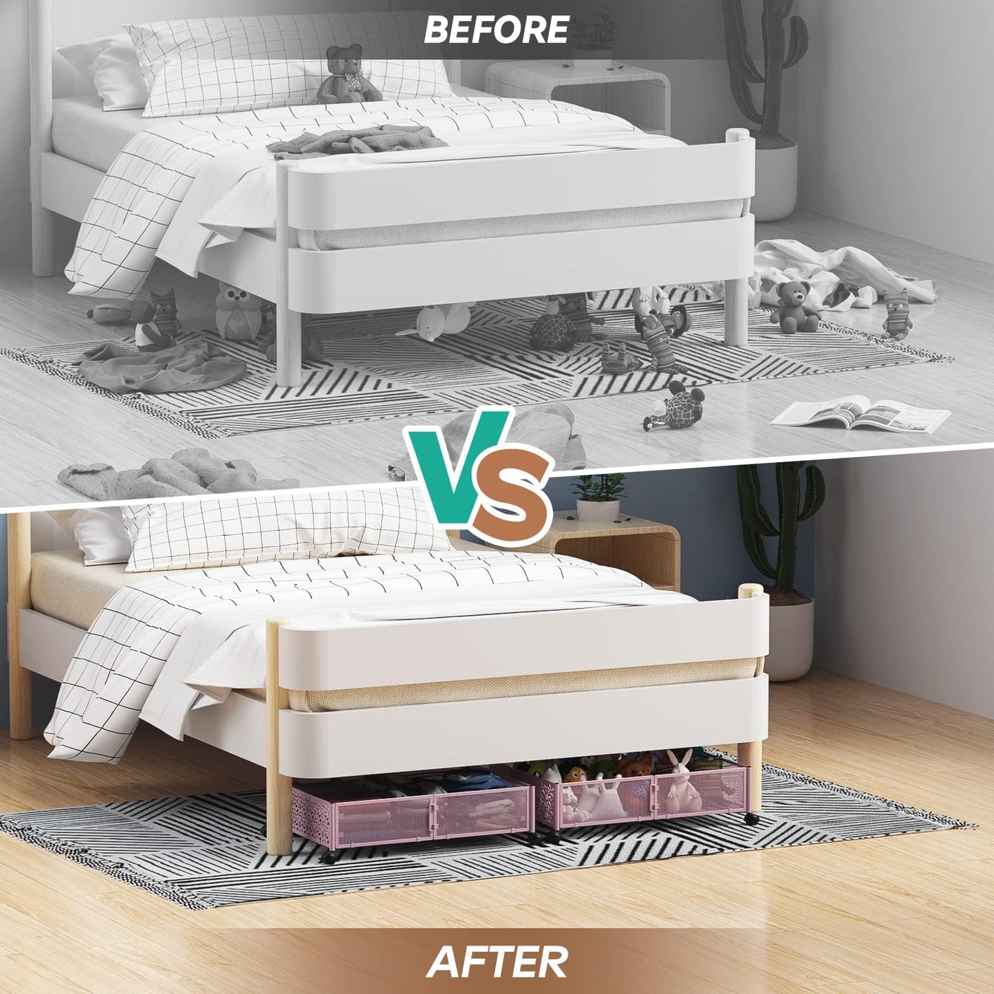 PHINOX Under the Bed Storage Containers with Wheels, Under Bed Storage, Under Bed Shoe Storage Organizer Drawer, Tool-free Assembly Metal Underbed Storage Containers -Pink