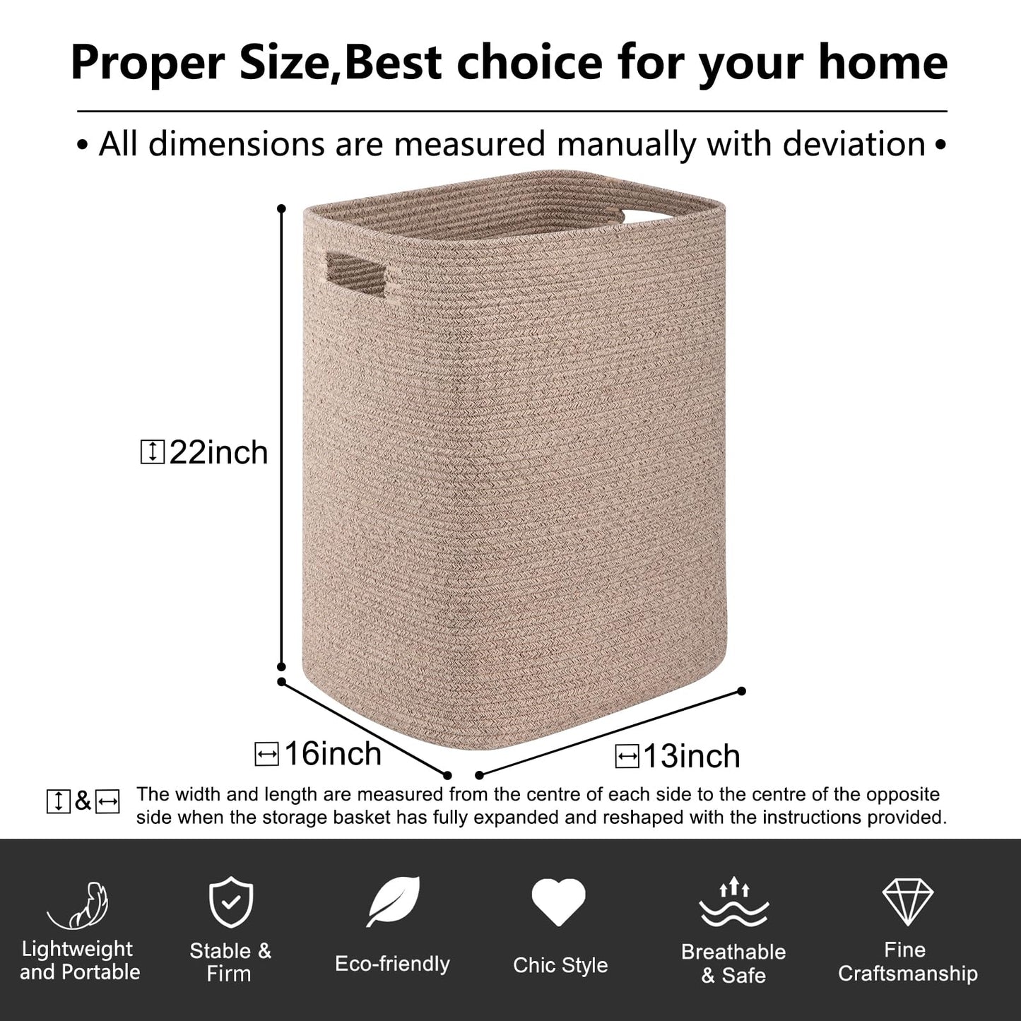 OIAHOMY Laundry Hamper, Rectangle Cotton Laundry Basket with Handles, Large Blanket Basket for Living room, Woven Decorative Storage for Toys,Clothes,Pillows-16x13x22in-Brown variegated