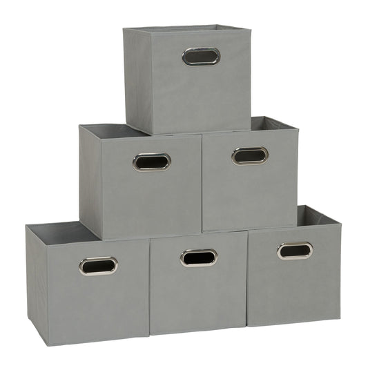 Household Essentials Fabric Storage Bins in Strong Poly‑Woven Fabric, Sturdy Chipboard Sides, Grommet Front Handle, Dove Gray Finish, Set of 6