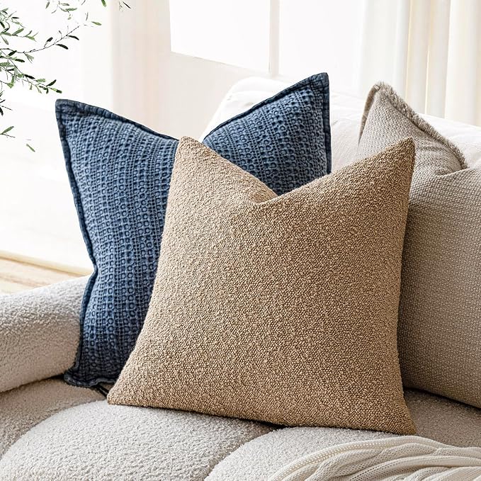 Foindtower Decorative Textured Boucle Throw Pillow Covers Accent Solid Pillow Cases Neutral Soft Cozy Couch Cushion Case for Chair Sofa Bedroom Living Room Home Decor 26 x 26 Inch,Taupe Khaki Camel