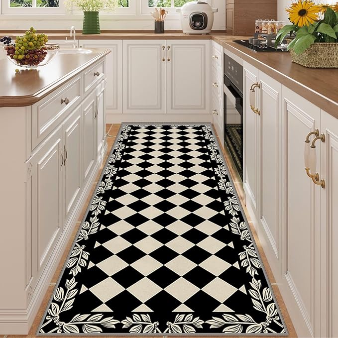 Modern Black White Checkered Pattern Runner Rug, 2.6x7ft, Abstract Neutral Farmhouse Decor Rugs for Living Room, Non-Shedding Low Pile Soft Foldable Carpet for Family Kitchen