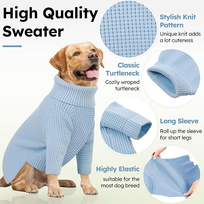Queenmore Dog Sweater for Small Male Dogs, Turtleneck Fall Waffle Knit, Cat Puppy Christmas Sweater, Blue XS