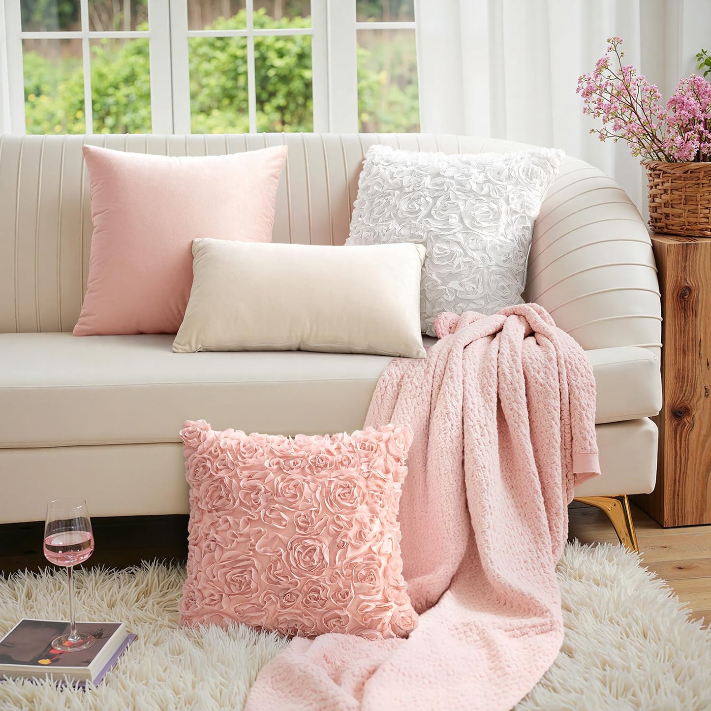 MIULEE 3D Rose Flower Pillow Cover Decorative Spring Floral Romantic Stereo Chiffon Aesthetic Solid Pillowcase for Girl Bedroom Living Room Decor 12x12 Inch Peach Pink