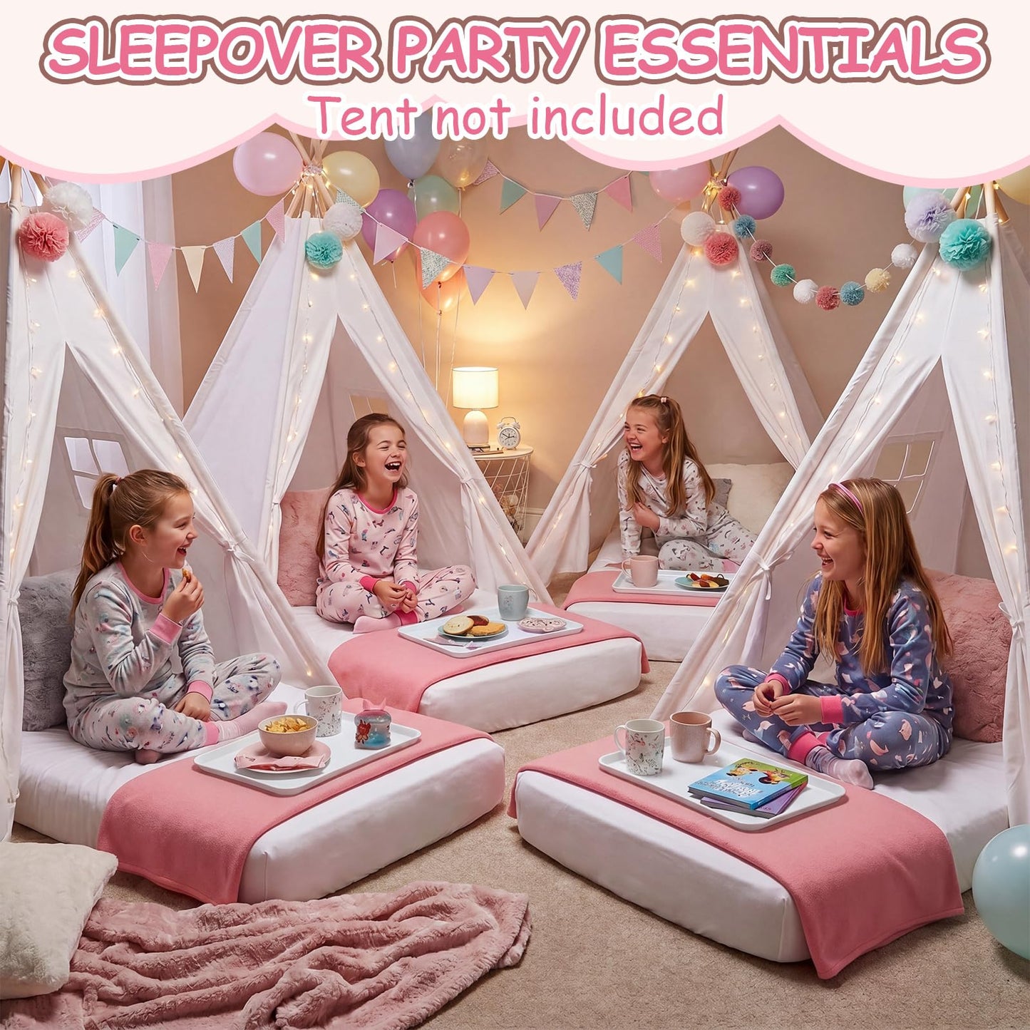 Windyun 4 Pack Kids Air Mattress Set, 63 x 27 x 8 Inch Toddler Blow Up Mattress with Washable Blankets, Sheets and Trays, Inflatable Travel Bed for Kids Ages 3-10, Sleepover Party Supplies, Pink White
