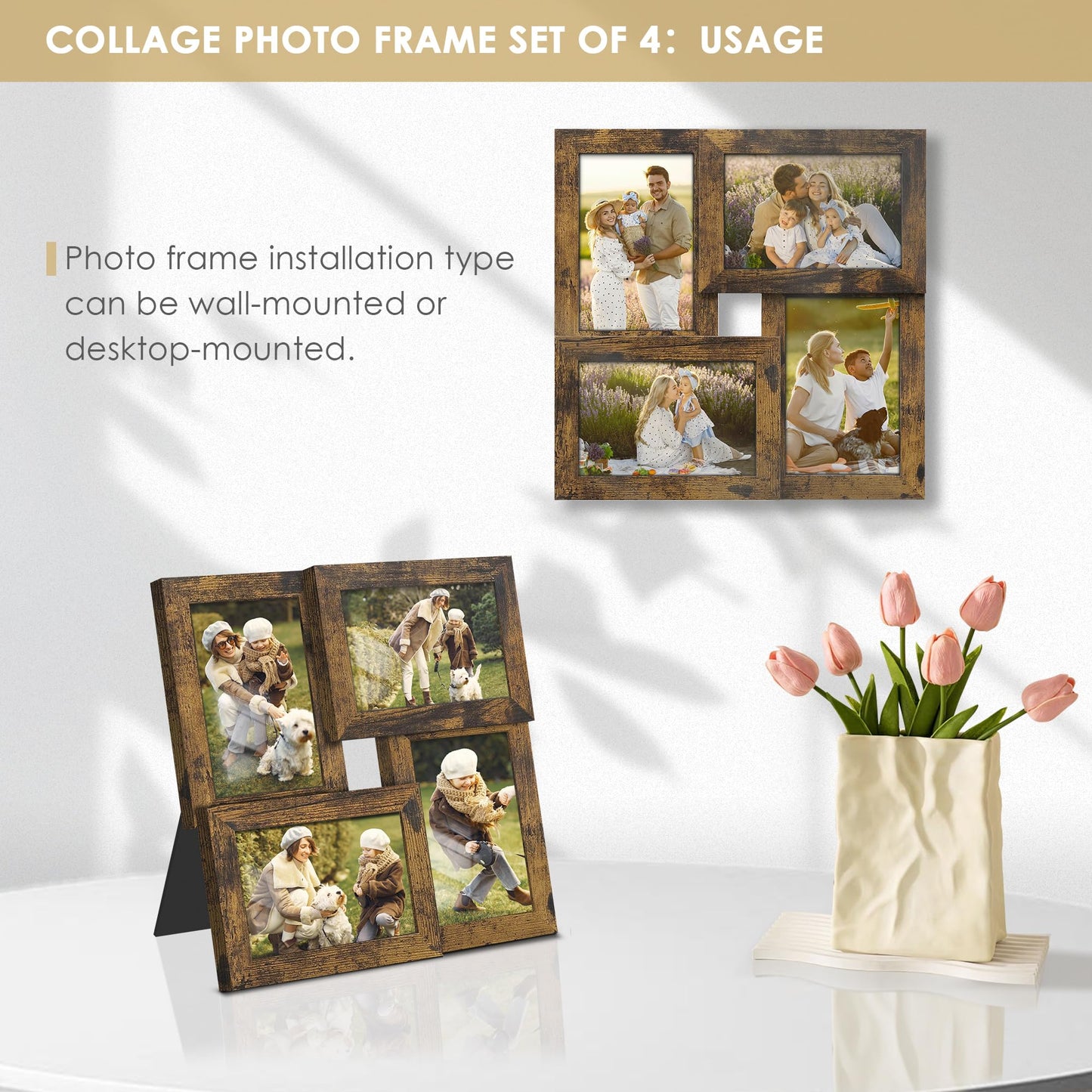 DUENPY 4x6 Collage Picture Frame Tempered Glass Front, Displays Four 4x6 Photo, Family Photo Collage Frame, Wall Decor Wall Hanging or Tabletop, Brown