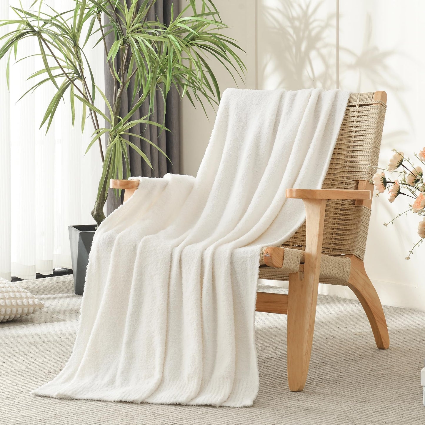 JOOJA Cream Throw Blanket for Bed, Super Soft Knit Blankets, Cozy Fleece Fuzzy Fluffy Plush Chenille Throws Blanket for Couch, Sofa, Cream, 60 x 80 inches