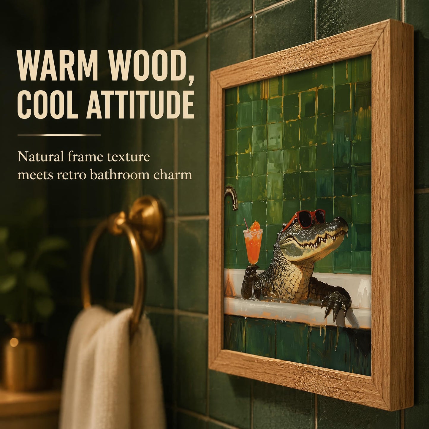 Funny Crocodile Bathroom Wall Art Framed Chillin Crocodile with Cocktail Wall Decor Funny bathtub Animal Painting Picture Cool Alligator Bath Time Prints Artwork for Bathroom Bar Home Decor