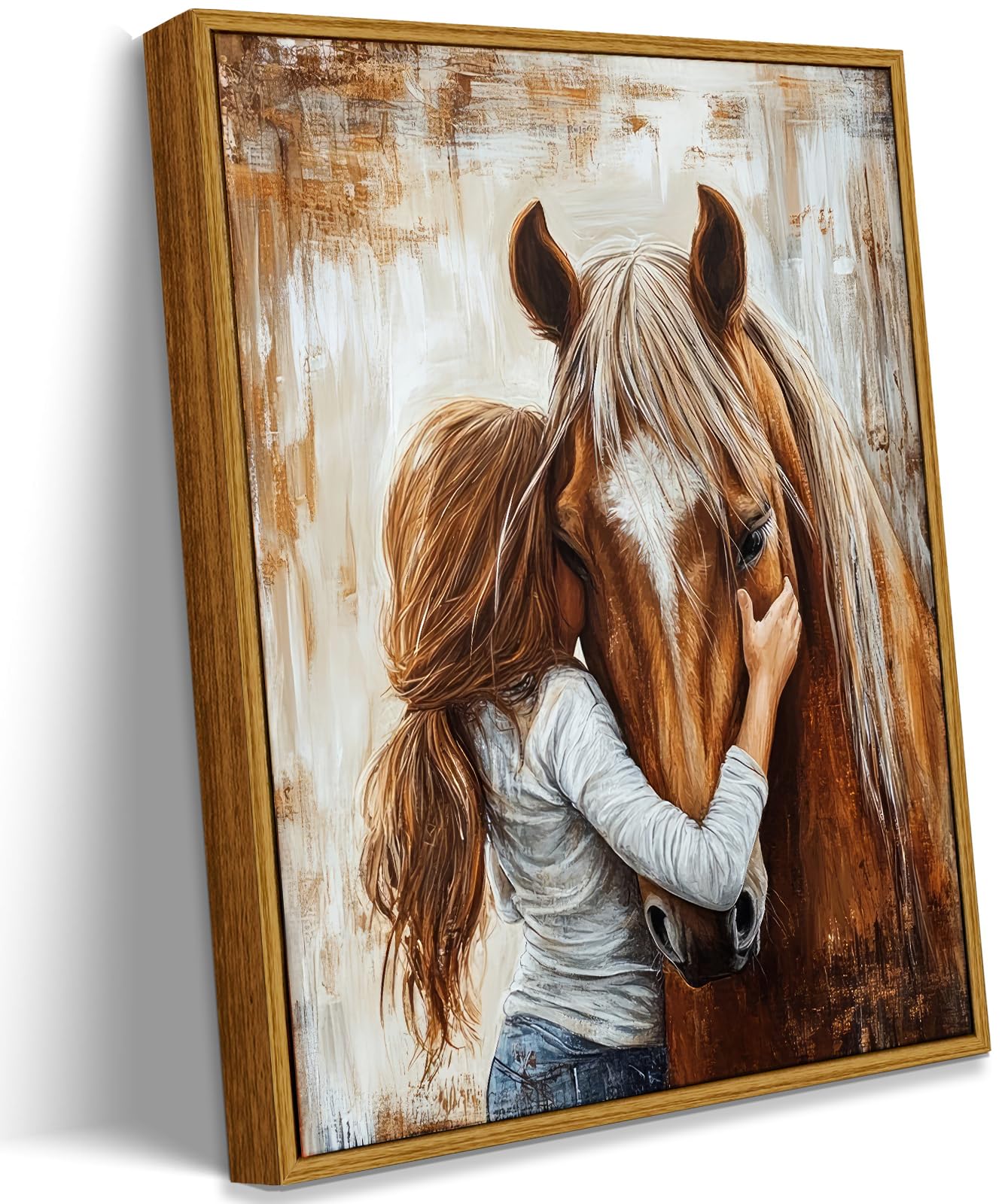 Framed Horse Canvas Wall Art Girl and Horse Rustic Farmhouse Equestrian Pictures Wall Decor for Girls Bedroom, Western Country Art for Living Room Study (8x10in)